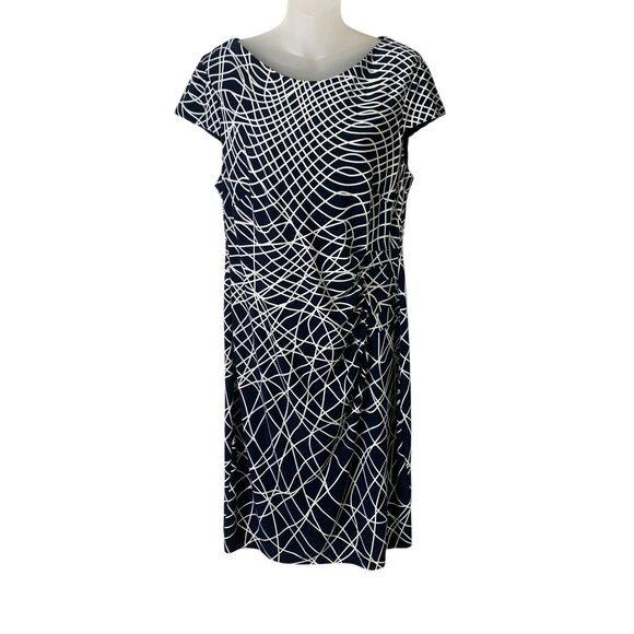 Connected Apparel Midi Dress Sz 14 Abstract Print Cap Sleeve Ruched Black White - Picture 1 of 9